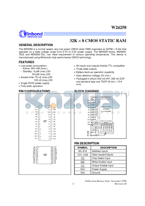 W24258S-70LI datasheet - 32K X 8 CMOS STATIC RAM