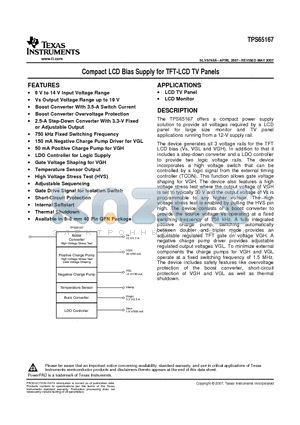 TPS65167RHAR datasheet - Compact LCD Bias Supply for TFT-LCD TV Panels