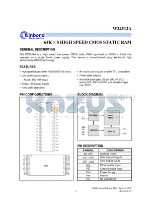 W24512A-15 datasheet - 64K X 8 HIGH SPEED CMOS STATIC RAM