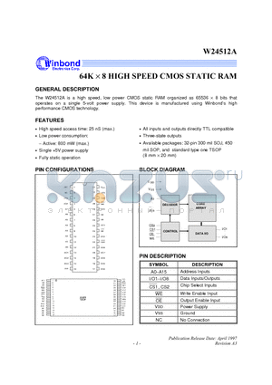 W24512AJ-25 datasheet - 64K X 8 HIGH SPEED CMOS STATIC RAM