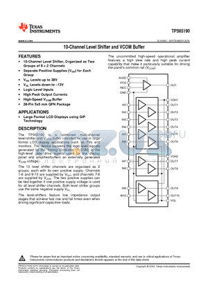 TPS65190RHDR datasheet - 10-Channel Level Shifter and VCOM Buffer