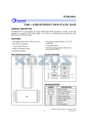 W24L010AT-10 datasheet - 128K X 8 High Speed CMOS Static RAM