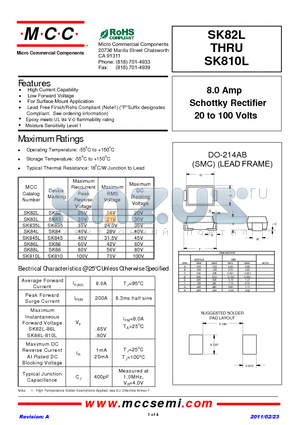SK88L datasheet - 8.0 Amp Schottky Rectifier 20 to 100 Volts