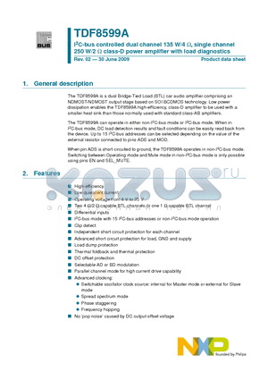 TDF8599A datasheet - I2C-bus controlled dual channel 135 W/4 W, single channel 250 W/2 W class-D power amplifier with load diagnostics