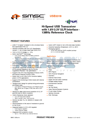 USB3318 datasheet - Hi-Speed USB Transceiver with 1.8V-3.3V ULPI Interface - 13MHz Reference Clock