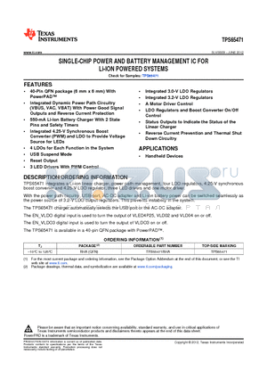 TPS65471 datasheet - SINGLE-CHIP POWER AND BATTERY MANAGEMENT IC FOR Li-ION POWERED SYSTEMS