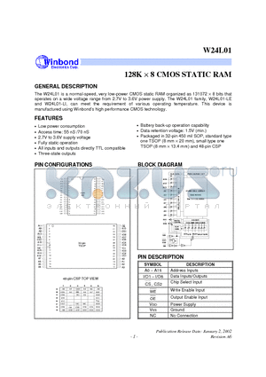 W24L01T-70LL datasheet - 128K X 8 CMOS STATIC RAM