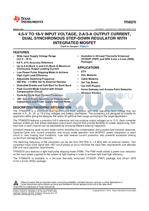 TPS65270RGER datasheet - 4.5-V TO 18-V INPUT VOLTAGE, 2-A/3-A OUTPUT CURRENT, DUAL SYNCHRONOUS STEP-DOWN REGULATOR WITH INTEGRATED MOSFET