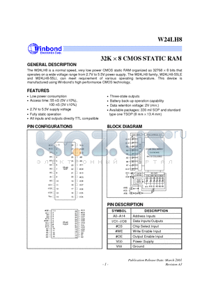 W24LH8 datasheet - Normal speed, Very low power CMOS static RAM Organized as 32768 x 8 bits