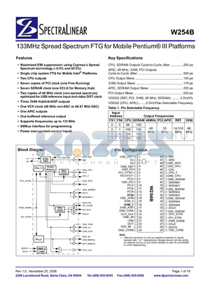 W254B datasheet - 133MHz Spread Spectrum FTG for Mobile Pentium^ III Platforms