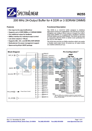 W255 datasheet - 200 MHz 24-Output Buffer for 4 DDR or 3 SDRAM DIMMS