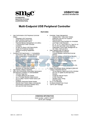 USB97C100QFP datasheet - Multi-Endpoint USB Peripheral Controller
