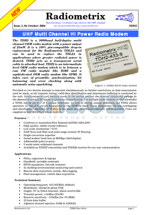 TDH2R-433-9 datasheet - UHF Multi Channel Hi Power Radio Modem