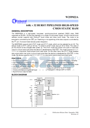 W25P022AD-7 datasheet - 64K X 32 BURST PIPELINED HIGH-SPEED CMOS STATIC RAM