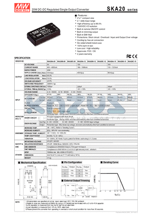 SKA20A-05 datasheet - 20W DC-DC Regulated Single Output Converter