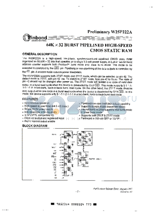 W25P222A-4 datasheet - 64K X 32 BURST PIPELINED HIGH-SPEED CMOS STATIC RAM