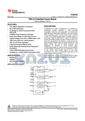 TPS65708YZHT datasheet - PMU for Embedded Camera Module