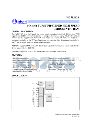 W25P243A-5 datasheet - 64K X 64 BURST PIPELINED HIGH-SPEED CMOS STATIC RAM