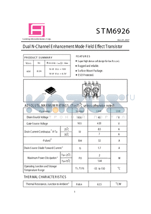 STM6926 datasheet - Dual N-Channel E nhancement Mode F ield E ffect Transistor