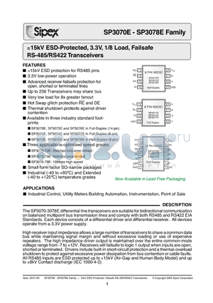 SP3070E datasheet - a15kV ESD-Protected, 3.3V, 1/8 Load, Failsafe
