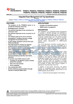 TPS659101A1RSL datasheet - Integrated Power Management Unit Top Specification