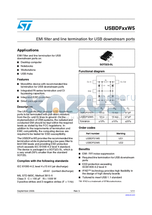 USBDFXXW5 datasheet - EMI filter and line termination for USB downstream ports