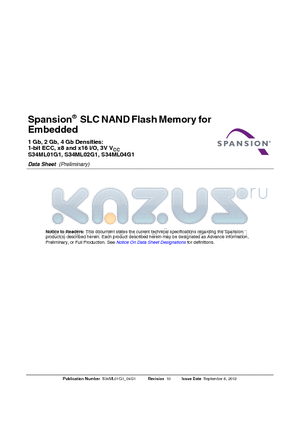 S34ML01G100BHI010 datasheet - Spansion^ SLC NAND Flash Memory for Embedded