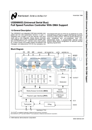 USBN9602 datasheet - USBN9602 (Universal Serial Bus) Full Speed Function Controller With DMA Support