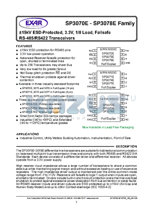 SP3074E datasheet - a15kV ESD-Protected, 3.3V, 1/8 Load, Failsafe RS-485/RS422 Transceivers