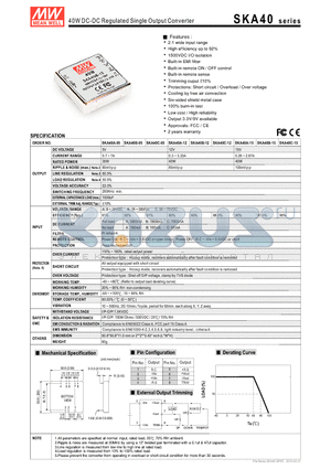 SKA40B-05 datasheet - 40W DC-DC Regulated Single Output Converter