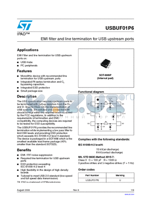 USBUF01P6 datasheet - EMI filter and line termination for USB upstream ports