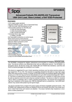 SP3080EEN/TR datasheet - Advanced-Failsafe RS-485/RS-422 Transceiver 1/8th Unit Load, Slew-Limited, a15kV ESD-Protected