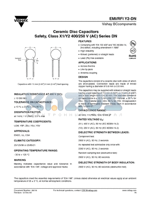 S392M53Z5US6.K7. datasheet - Ceramic Disc Capacitors Safety, Class X1/Y2 400/250 V (AC) Series DN