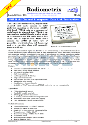 TDL2A-433-4 datasheet - UHF Multi Channel Transparent Data Link Transceiver