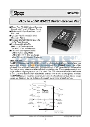 SP3220E datasheet - 3.0V to 5.5V RS-232 Driver/Receiver Pair