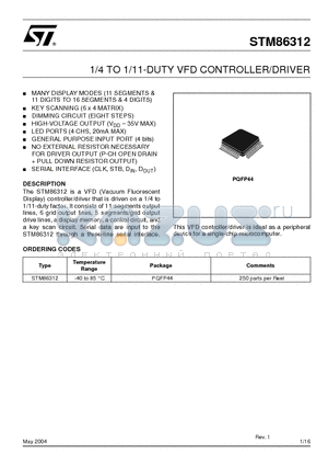 STM86312 datasheet - 1/4 TO 1/11-DUTY VFD CONTROLLER/DRIVER
