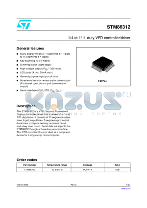 STM86312_06 datasheet - 1/4 to 1/11-duty VFD controller/driver