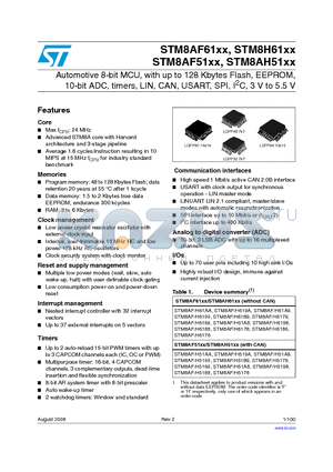 STM8AF5X47TAY datasheet - Automotive 8-bit MCU, with up to 128 Kbytes Flash, EEPROM, 10-bit ADC, timers, LIN, CAN, USART, SPI, I2C, 3 V to 5.5 V