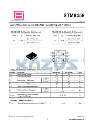 STM8458 datasheet - Dual Enhancement Mode Field Effect Transistor ( N and P Channel )