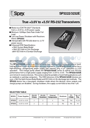 SP3222 datasheet - True 3.0V to 5.5V RS-232 Transceivers