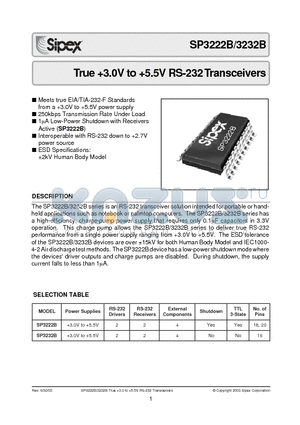 SP3222BCY datasheet - True 3.0V to 5.5V RS-232 Transceivers