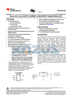 TPS71501-EP datasheet - 50-mA, 24-V, 3.2-mA SUPPLY CURRENT, LOW-DROPOUT LINEAR REGULATOR