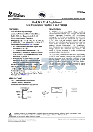 TPS71523 datasheet - 50 mA, 24 V, 3.2 mA Supply Current Low-Dropout Linear Regulator in SC70 Package