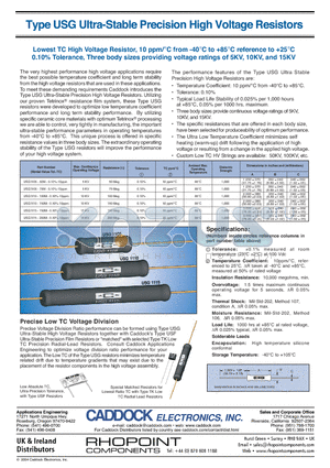USG1115-150M-0.10-10PPM datasheet - Ultra-Stable Precision High Voltage Resistors