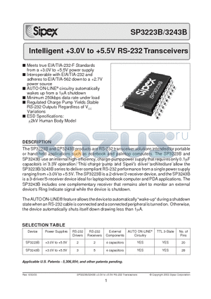 SP3223BCY datasheet - Intelligent 3.0V to 5.5V RS-232 Transceivers