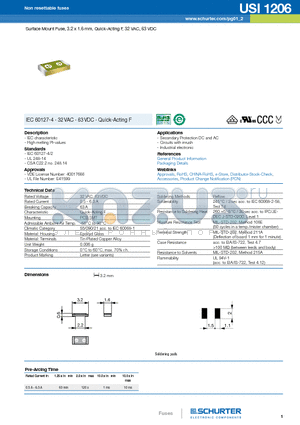 USI1206 datasheet - Surface Mount Fuse, 3.2 x 1.6 mm, Quick-Acting F, 32 VAC, 63 VDC