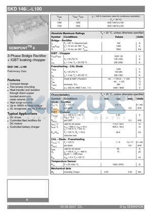 SKD146/12-L100 datasheet - 3-Phase Bridge Rectifier  IGBT braking chopper