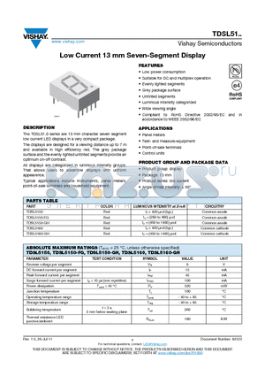 TDSL5150-FG datasheet - Low Current 13 mm Seven-Segment Display
