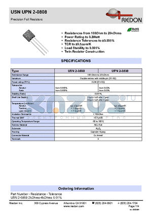 USN2-0808 datasheet - Precision Foil Resistors