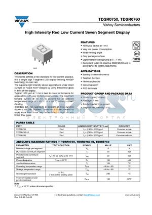 TDSR0760 datasheet - High Intensity Red Low Current Seven Segment Display